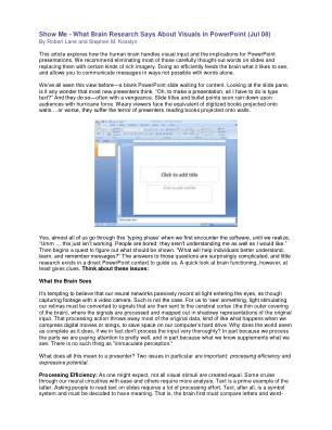 给我看看——大脑研究如何看待 PowerPoint 中的视觉效果 (08 年 7 月) 作者：Robert Lane 和 Stephen M. Kosslyn 本文探讨了人类大脑如何